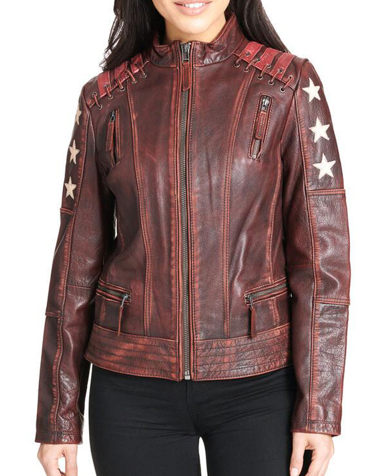 Women's Stars and Stripes Biker  Distressed Brown Leather Jacket